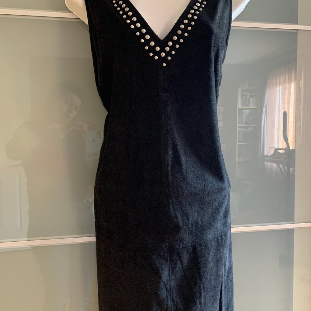Brand new, suede touch, black mini dress, silver studs, deep V-neck,  size S